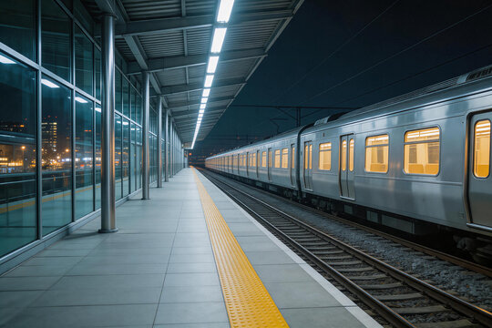 Modern empty train station platform with illuminated train at night