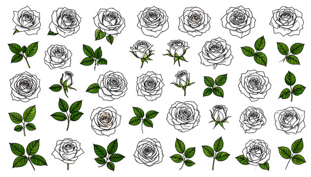 Collection of stylized white roses and green leaves, floral elements for design