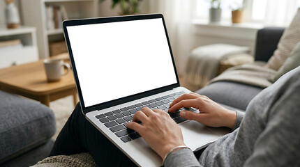 Fototapeta premium Person Using Laptop Computer In Living Room At Home Working Remotely Online