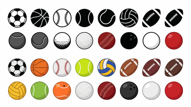 Professional vector collection of various sports balls in multiple designs, soccer ball, basketball, baseball, tennis ball, volleyball, rugby ball, American football, golf ball, cricket ball, bowling 