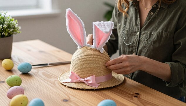 Woman is decorating an easter hat with bunny ears on a wooden table