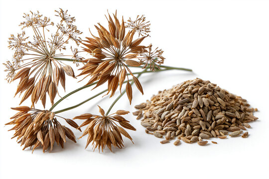 Cumin Seed Umbels and Whole Cumin Seeds Isolated on White Background