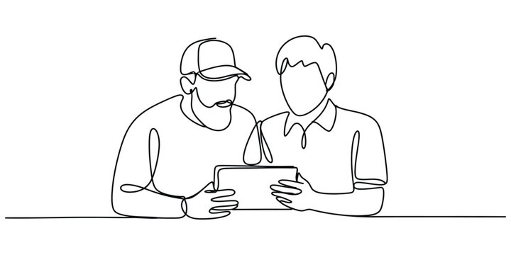 Two men looking at a digital tablet together continuous line drawing