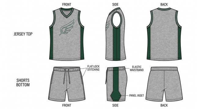 Basketball Uniform Jersey and Shorts Technical Flat Sketch Template Front Side Back Views