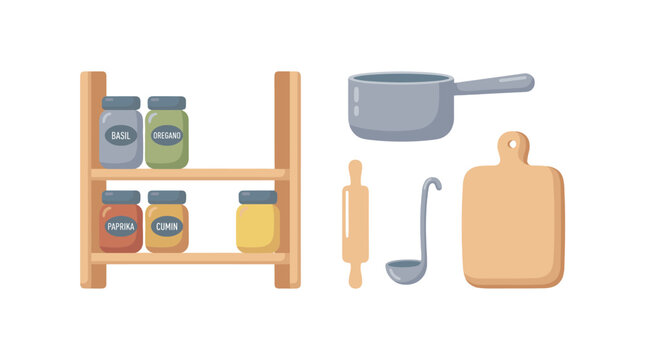 Kitchen utensils and spice shelf vector illustration set