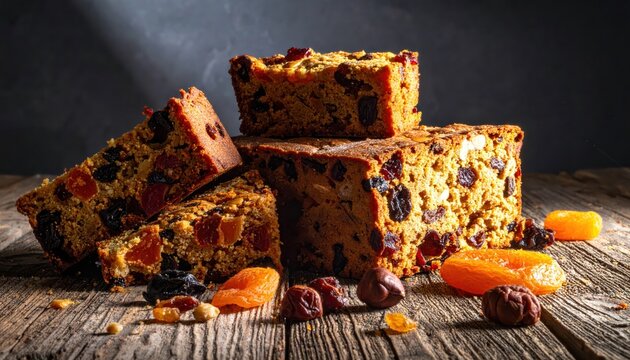 Delicious pieces of fruitcake loaded with dried fruits and nuts, presented on a rustic wooden surface.