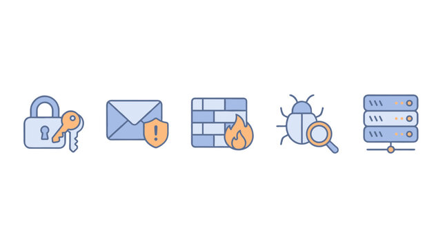 Cybersecurity glyph icon set with lock, firewall, bug and server