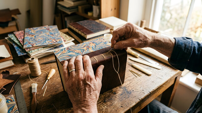 Professional bookbinder hands sewing the spine of a handcrafted leather book with marbled paper in a vintage workshop; detailed artisan craft of traditional book binding and restoration.
