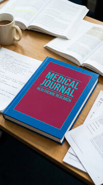 Medical journal on desk with open books, research notes, and coffee mug