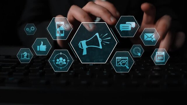Digital marketing promotion strategy using megaphone, social media marketing, digital ads video content, communication, analytics, and global branding advertisement for business outreach Marrow