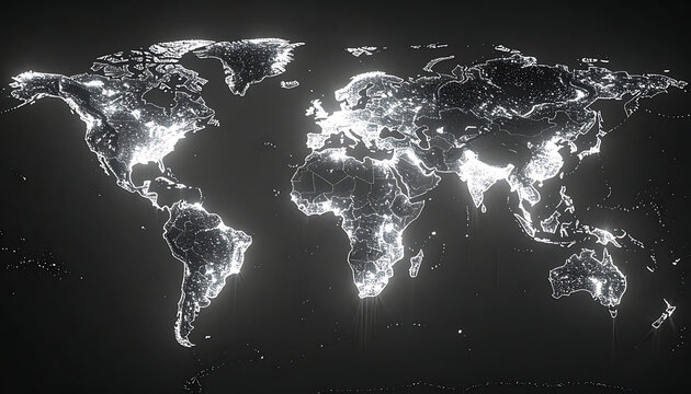 Global map of illuminated cities at night, abstract representation of world population density and connectivity, data visualization