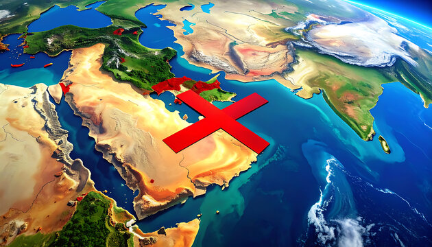 Global conflict zone marked with red X over the Middle East and Persian Gulf region, representing danger and crisis