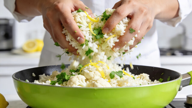 Caucasian adult preparing lemon herb rice in green pan with parsley