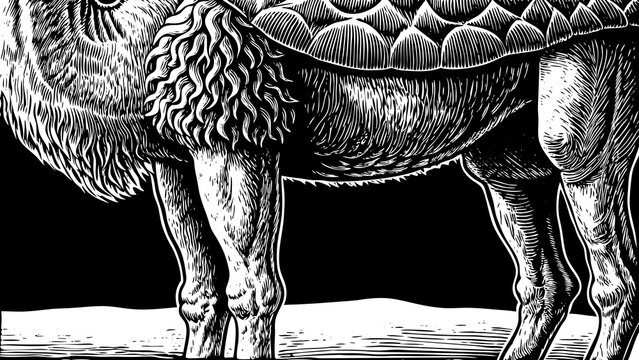 Camel is depicted in a detailed black and white illustration with a distinct hump pattern.