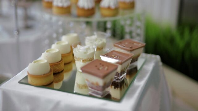 Waiter in gloves placing layered chocolate mousse verrines on a mirror tray