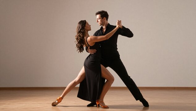 Elegant couple gracefully performing a tango dance in the studio