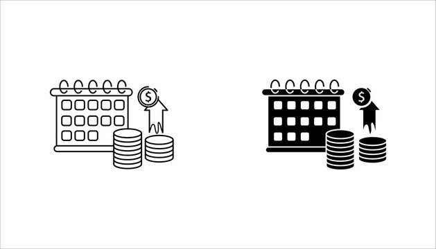 Calendar with coins and reward badge outline icon set. representing payment schedules, recurring billing, financial planning, payroll, budgeting, and revenue tracking.