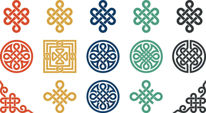 Traditional Asian Decorative Knot and Border Pattern Vector Illustration Set