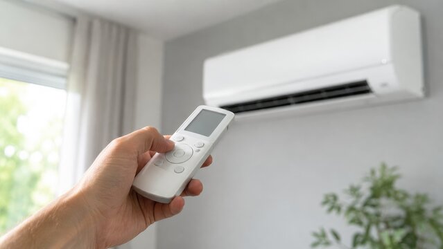 Hand holding a remote control pointed at a wall-mounted split air conditioner in a modern living room, ready to adjust cooling and temperature settings