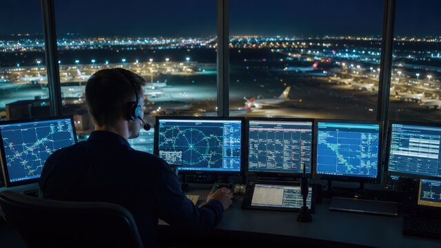 Air traffic controller in tower at night monitoring multiple radar and flight displays overlooking illuminated airport runways