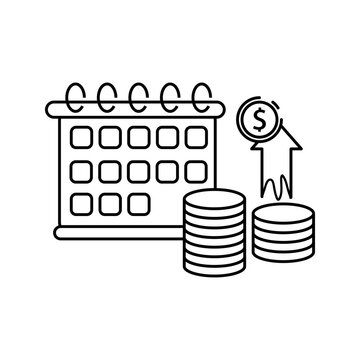 Calendar with coins and reward badge outline icon representing payment schedules, recurring billing, financial planning, payroll, budgeting, and revenue tracking.