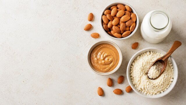 Bowls of almonds, almond butter, almond flour and a jar of almond milk arranged on a light surface in a top‐view composition