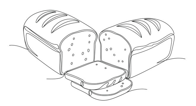 Detailed line drawing of two loaves of fresh bread and slices