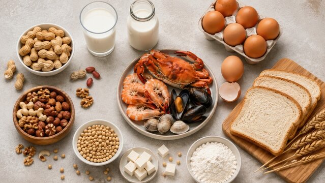 Top view spread of common food allergy ingredients including shellfish, eggs, milk, peanuts, tree nuts, soy, wheat and sliced bread