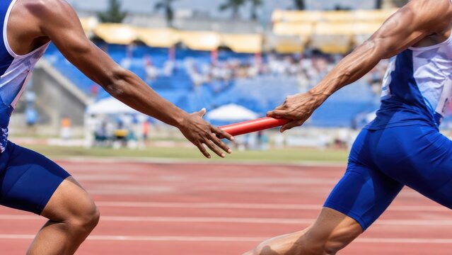 Close-up of two sprinters passing a red relay baton during a track relay race