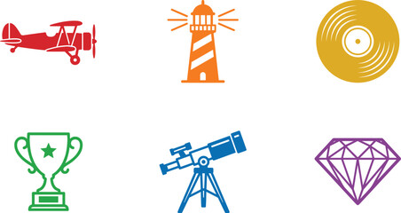 Naklejka premium Minimalist Colorful Vector Icon Set Featuring Biplane, Lighthouse, Vinyl Record, Trophy, Telescope, and Diamond Elements for Travel Achievement and Lifestyle Designs