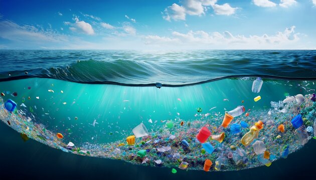 bright microplastic particles in ocean water concept of pollution in nature