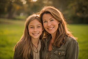 Fototapeta premium American mother and daughter smiling together in a sunny park setting