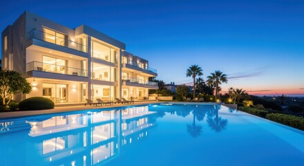 Fototapeta premium Luxurious modern villa with infinity pool overlooking cityscape at dusk