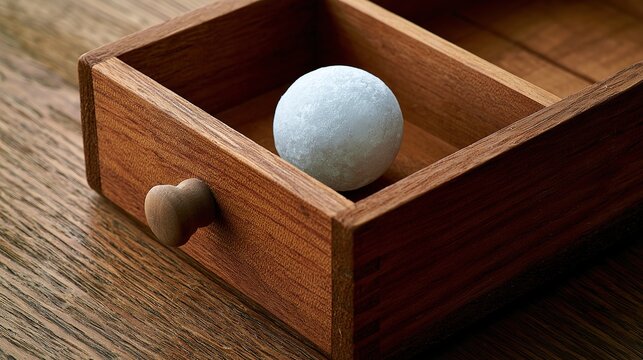 White camphor ball in wooden drawer, insect and mildew protection for clothes, realistic light, minimal copy space