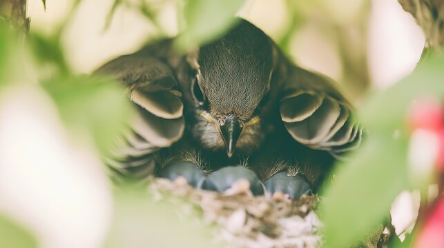 Mother bird with slightly spread wings revealing featherless baby chicks in nest, soft natural light, peaceful wildlife family moment