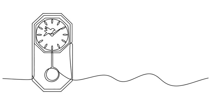 Continuous single line drawing of an old wall clock with a swinging pendulum