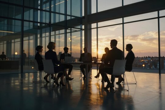 Meeting at sunset inside a modern office with many people sitting around a large table