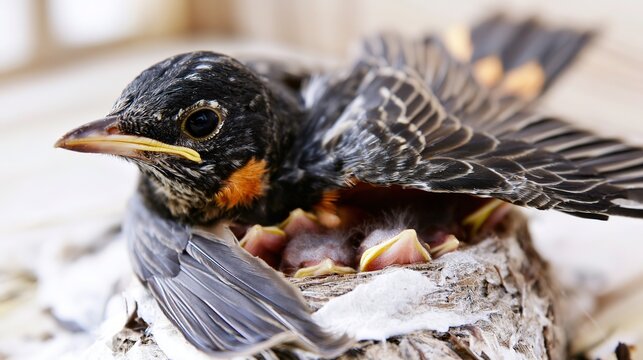 Nesting mother bird with half-extended wings, several featherless chicks showing heads from under, soft natural light reflecting quiet tender care