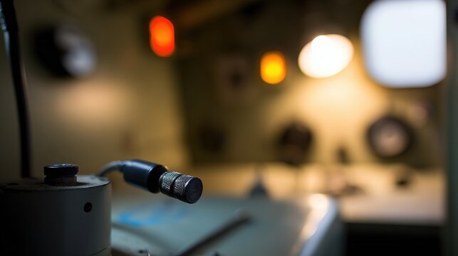 Gyroscope maintaining perfect level inside gently rocking ship's cabin, close-up of mechanism, warm interior light
