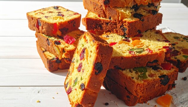 Deliciously Stacked Slices of Traditional Fruitcake with Assorted Candied Fruits and Dried Berries