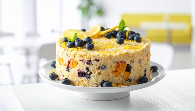 Delightful Gluten-Free Lemon and Blueberry Fruitcake with a Light Airy Texture, Garnished with Fresh Fruit and Mint on a White Plate