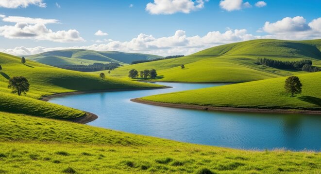 Serene blue river meanders through lush green rolling hills under a bright sunny sky