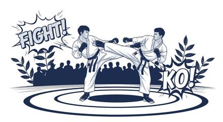Two karate fighters practicing martial arts combat technique in arena with crowd cheering in background illustrating intense power competition sport event. © Risje Kfhe
