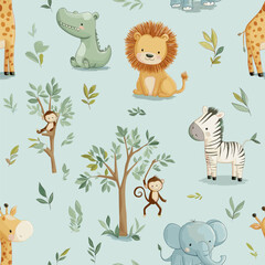 Fototapeta premium Safari animals pattern with giraffes, elephants, and lions on a light blue background. Cute cartoon jungle animals seamless pattern