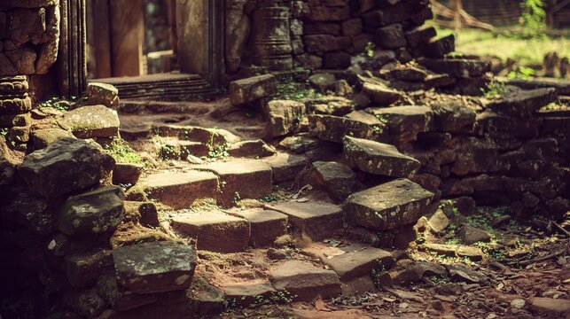 Ancient temple gateway with stone stairs polished by millennia of steps, soft afternoon sunlight, shallow depth emphasizing aged texture