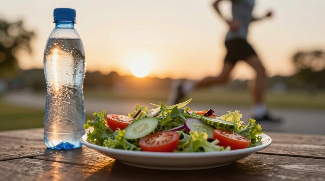 Fresh salad and water bottle sit on a table while a runner exercises at sunset