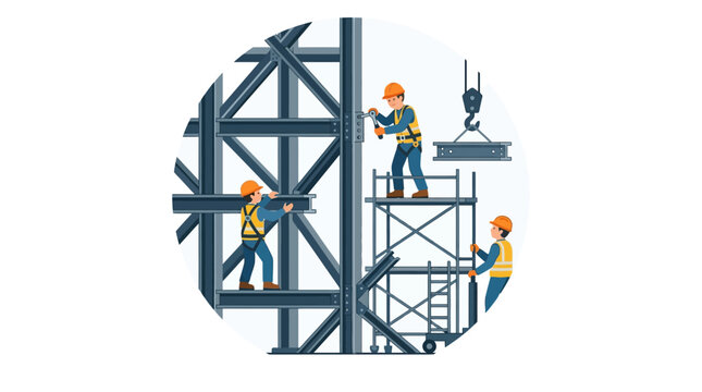 Workers on construction scaffolding structure.