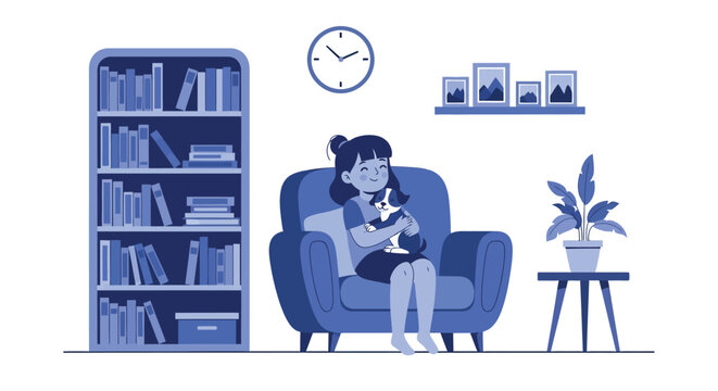 Happy girl holding small puppy while sitting on comfortable armchair in cozy living room with bookshelf and wall art decoration interior home atmosphere now.