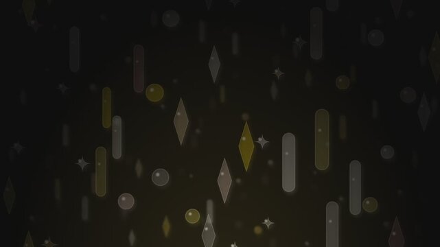 Abstract dark background with floating golden and grey geometric shapes like diamonds and circles for elegant digital design backdrops