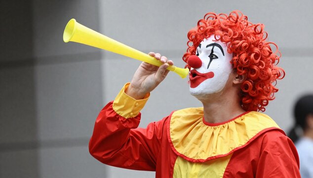 Side view of clown blowing a yellow horn with red hair and white face paint